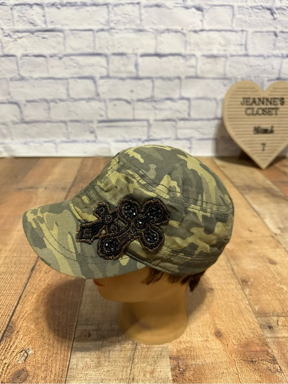 Camo Cadet Hat Cap Beaded Cross Patch Military Style Women's One Size Women's ca